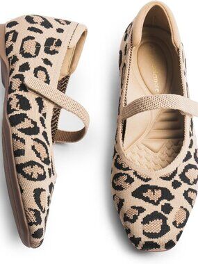 Women Leopard Knit Square Toe Arch Support and Concealed Low Wedge Ballet Flats